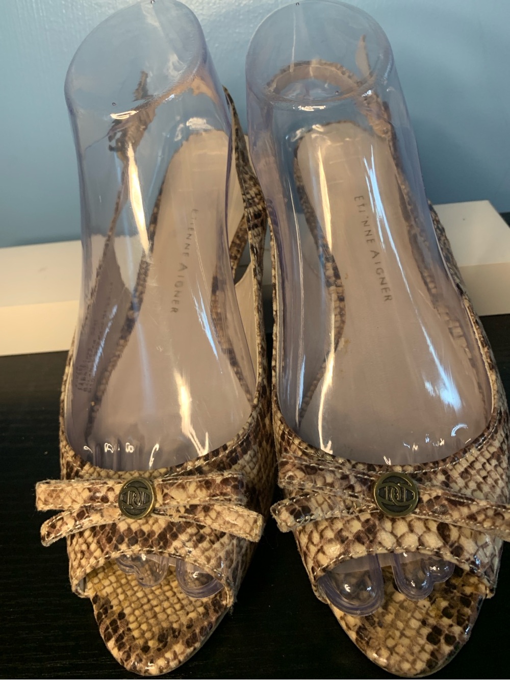 Etienne Aigner Women's Snake-Print Peep Toe Flats in Beige
